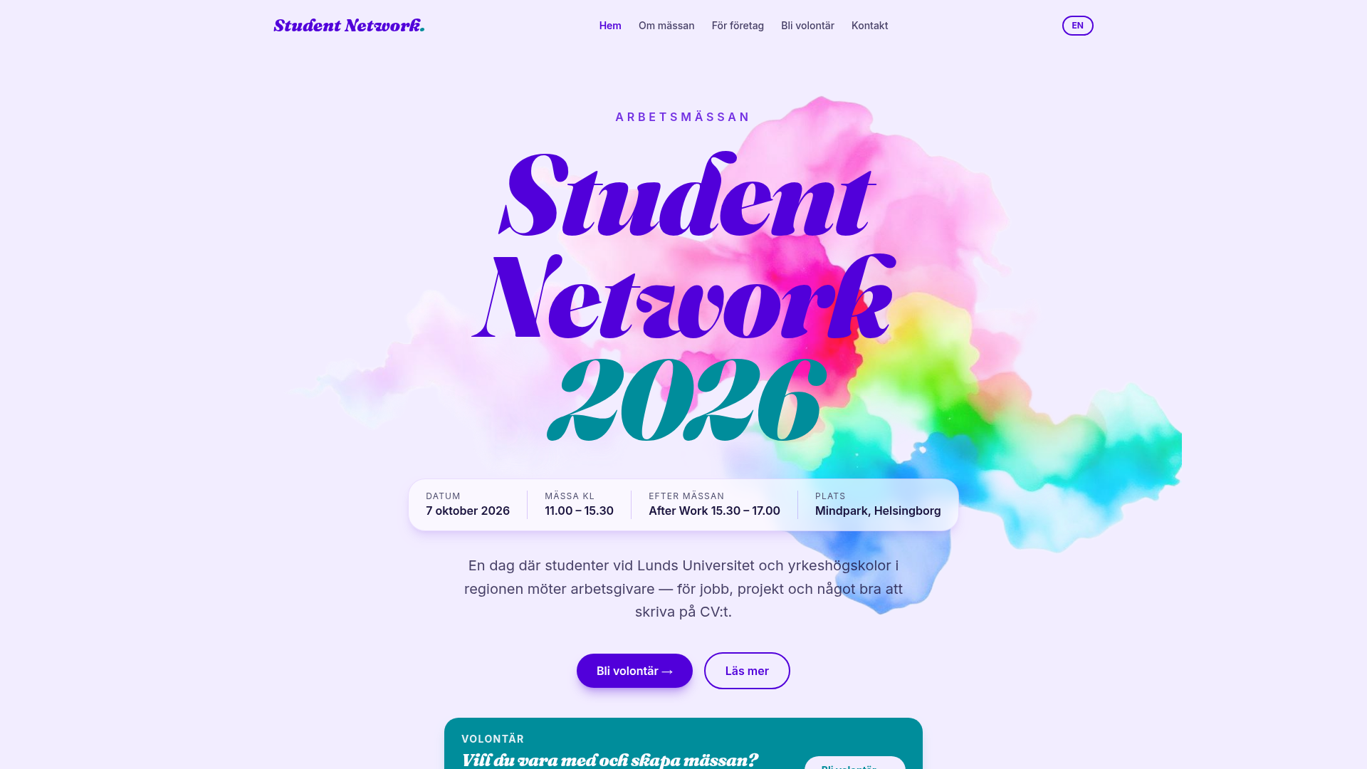 Startsidan för arbetsmarknadsmässan Student Network