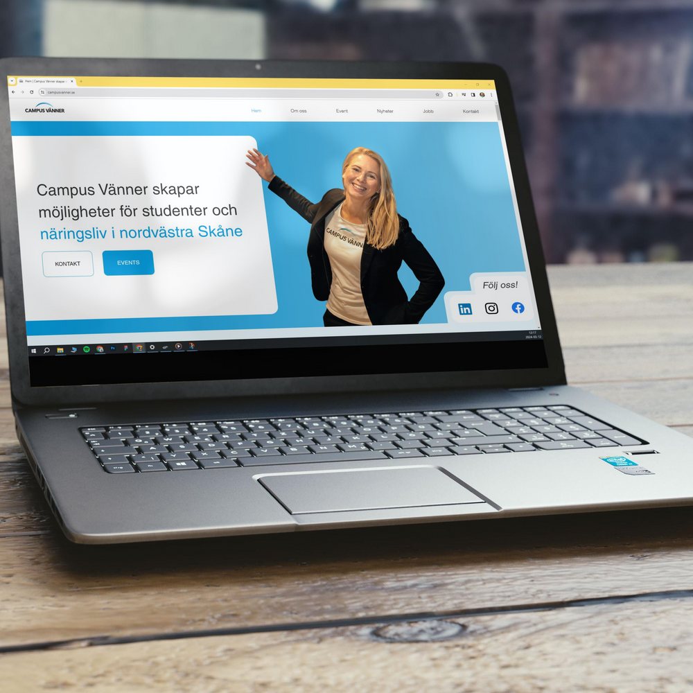 Hemsida för Campus Vänner visad på en laptop